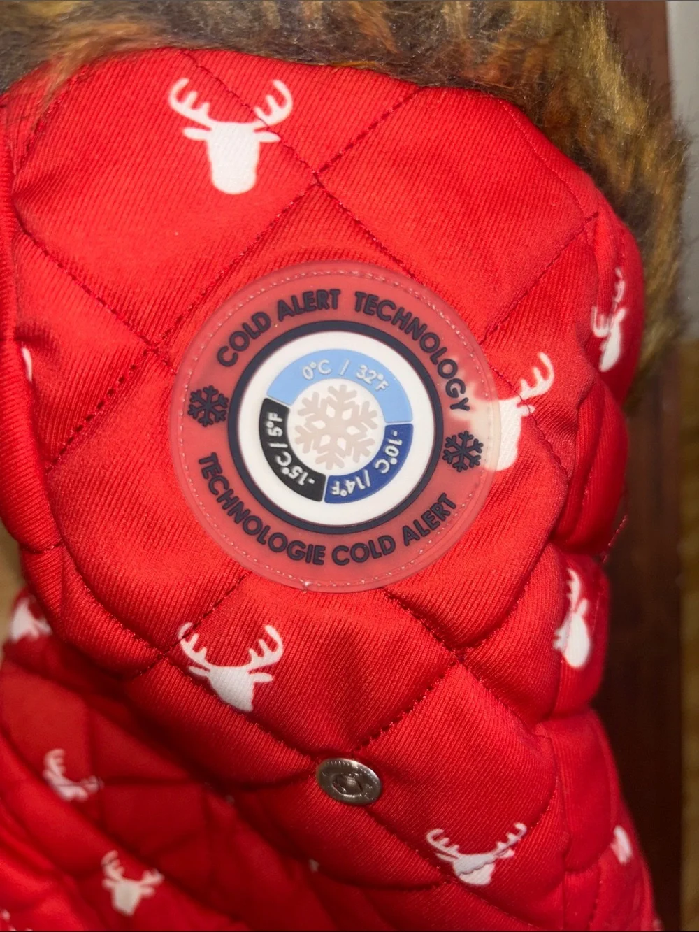 Red Quilted Puffer Jacket with Deer Print